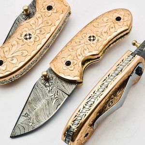 Personalized Custom Handmade Damascus Steel Pocket Knife Hunting knife Brass Handle With Leather Sheath  Boyfriend Groomsman Knife