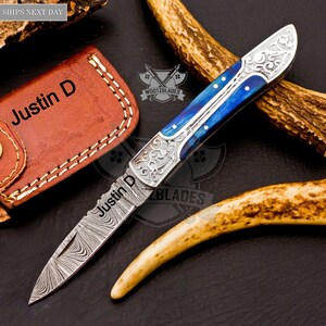 Personalized Custom Handmade Damascus Steel Pocket Knife Hunting knife Wood Handle With Leather Sheath  Boyfriend Groomsman Knife