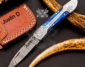 Personalized Custom Handmade Damascus Steel Pocket Knife Hunting knife Wood Handle With Leather Sheath  Boyfriend Groomsman Knife