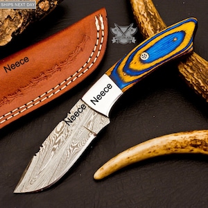 Personalized Custom Handmade Damascus Steel Skinning Blade Camping Full Tang Knife HARD WOOD Handle With Leather Sheath Groomsman Knife