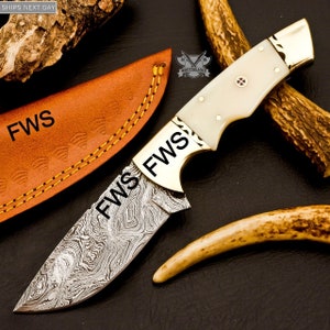 Personalized Custom Handmade Damascus Steel Skinning Blade Camping Full Tang Knife Camel bone Handle Leather Sheath Groomsman Knife