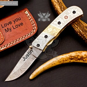 Personalized Custom Handmade Damascus Steel Pocket Knife Hunting knife Silver Brass Handle With Leather Sheath  Boyfriend Groomsman Knife