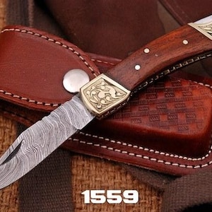 Personalized Custom Handmade Damascus Steel Pocket Knife Hunting knife Hard Wood Handle With Leather Sheath  Boyfriend Groomsman Knife