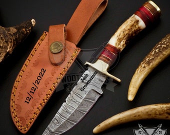 Personalized 8 inch Damascus Steel Hunting knife Handle Stag Antler W leather Cover Handle Clip shape could be different than in the Pics