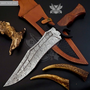18" Custom Handmade D2 Hunting Crocodile Dundee High Polish Bowie Knife Leather Sheath