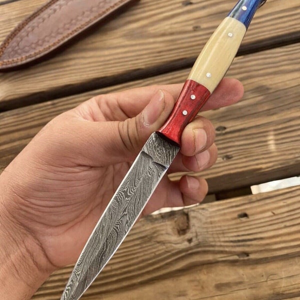 Personalized Custom Handmade Damascus Steel Boot Knife Camping Full Tang Knife HARD WOOD Handle With Leather Sheath  Groomsman Knife