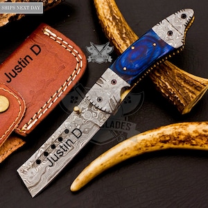 Personalized Custom Handmade Damascus Steel Pocket Knife Hunting knife Walnut Wood Handle With Leather Sheath  Boyfriend Groomsman Knife