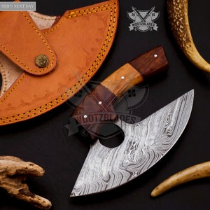 Personalized Damascus Steel Chef Kitchen Ulu Knife Chef Knife Heavy Duty Handle Wood with Leather Sheath