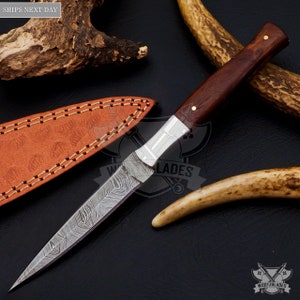 Personalized Custom Handmade Damascus Steel Skinning Blade Camping Full Tang Knife HARD WOOD Handle With Leather Sheath Groomsman Knife