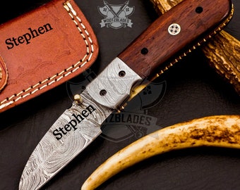 Personalized Custom Handmade Damascus Steel Pocket Knife Hunting knife Walnut Wood Handle With Leather Sheath  Boyfriend Groomsman Knife
