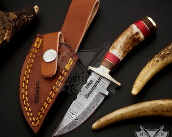 Personalized 6 inch Damascus Steel Hunting knife Handle Stag Antler W leather Cover Handle Clip shape could be different than in the Pics
