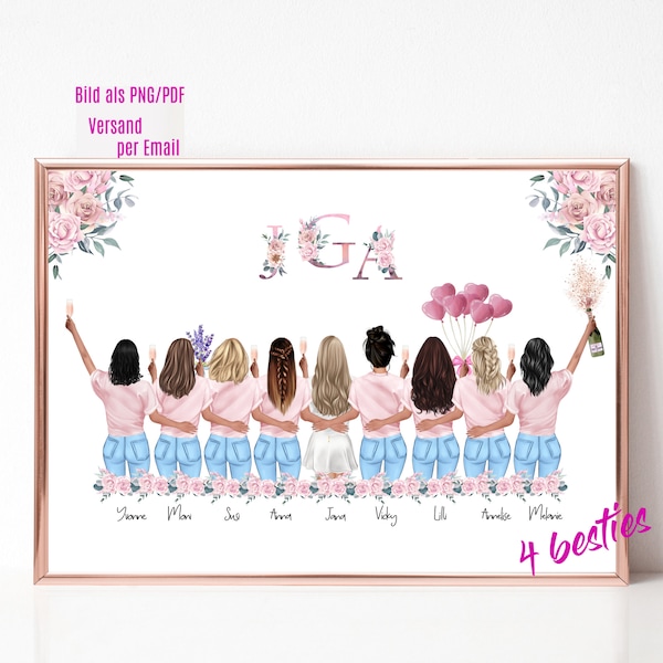 Junggesellinnenabschied Geschenk personalisiert, Geschenk 9 Freundinnen Poster personalisiert, Geschenk Freundin JGA, Team Bride Bild, #JGA5