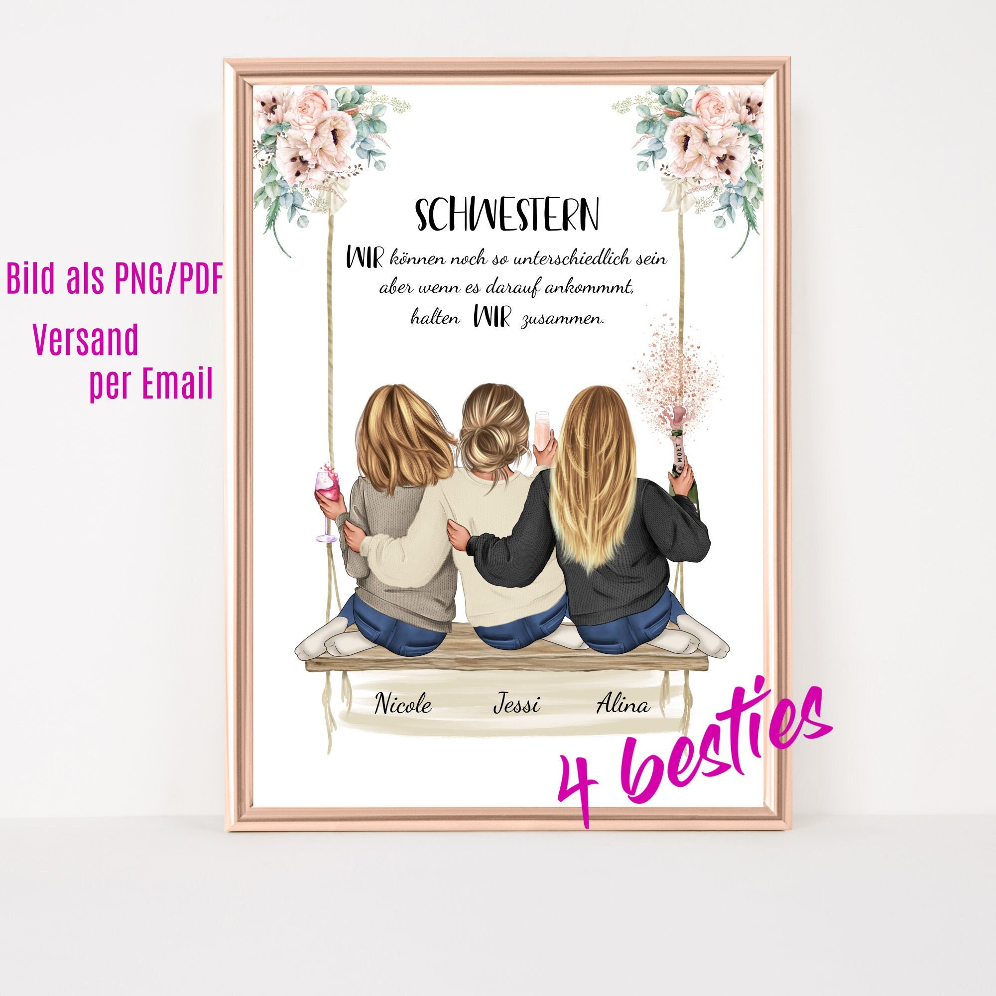 Schwester Geschenk Bild personalisiert, Personalisiertes Geschenk Poster 3 Schwestern, Geschenk