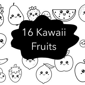 16 doodles of fruits with Kawaii style face in black and white (outline) clipart png