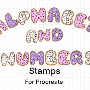 May include: Alphabet and Numbers Stamps for Procreate.  The stamps are designed to look like donuts with pink and purple frosting and white sprinkles.