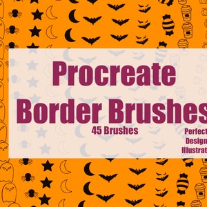 Könnte beinhalten: Eine digitale Illustration von 45 Procreate-Rahmenbürsten mit Halloween-Motiven. Die Symbole umfassen Geister, Fledermäuse, Sterne, Monde, Spinnen, Kürbisse, Eicheln, Kaffeetassen, Süßigkeiten und Tortenstücke. Die Symbole sind schwarzweiß auf orangefarbenem Hintergrund.