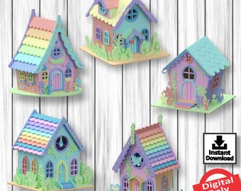 May include: Five colourful, whimsical fairy house designs with intricate details, including windows, doors, and roofs. The houses are made of wood and have a 3mm thickness. The image includes the text "Instant Download" and "Digital Only".