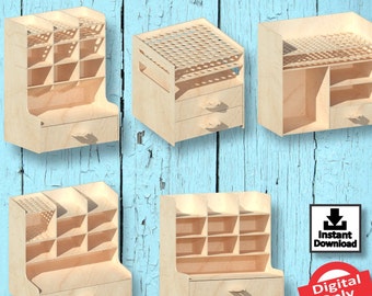 May include: Five different wooden organizers with various compartments and drawers. The organizers are made of light brown wood and have a 3mm thickness. The organizers are displayed against a light blue wooden background.