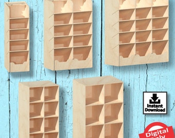 May include: Five different sized wooden storage organizers with open compartments. The organizers are made of light brown wood and have a 3mm thickness. The organizers are displayed against a light blue wooden background. The text "Thickness 3mm" is visible in the top left corner of the image. The text "Instant Download" and "Digital Only" is visible in the bottom right corner of the image.