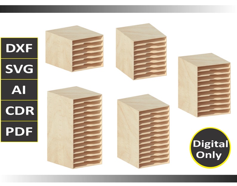 May include: Five wooden CD or DVD storage organizers with 10 slots each. The organizers are light brown and have a natural wood finish. Digital Only.