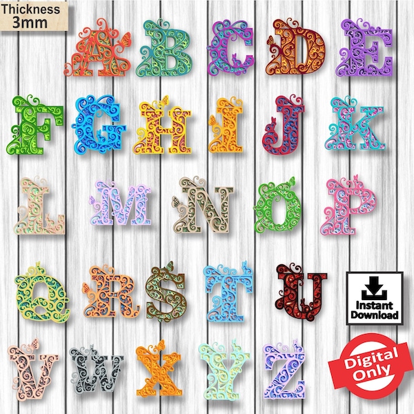 26 Layered Floral Alphabet SVG Pack 1 laser cut Design file Vector for Laser svg laser cut design,vector, plan Instant download Digital Only