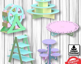 May include: Five different cake stands made of cardboard. The stands are in various pastel colors, including pink, green, and blue. The stands are all 3mm thick and are designed for displaying cupcakes, cakes, or other treats. The stands are perfect for parties, weddings, or other special occasions.