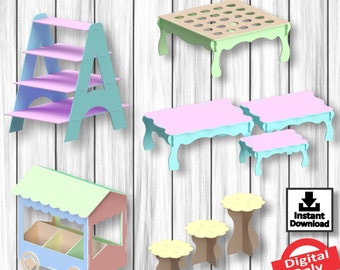 May include: Set of six pastel-colored cardboard cake stands, including a tiered stand, a cupcake stand, and four table-style stands. The stands are 3mm thick and feature a variety of shapes and sizes.  The stands are perfect for displaying cakes, cupcakes, and other treats.