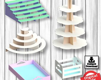 May include: Four different DIY cardboard display stand designs. The stands are 3mm thick and include a tiered cake stand, a tiered shelf, a rectangular tray, and a crate. The stands are white, beige, pink, and light blue.