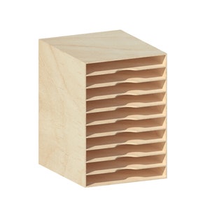 May include: A wooden organizer with 10 shelves for storing papers or other items. The organizer is made of light wood and has a natural finish.