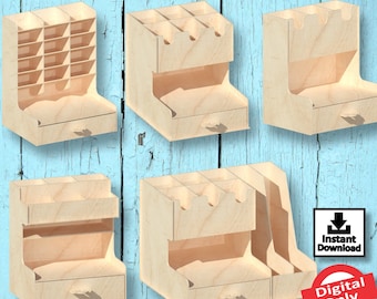 May include: Five different wooden organizers with drawers and compartments. The organizers are made of light wood and have a natural finish. The organizers are 3mm thick. Instant Download. Digital Only.