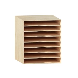 May include: A wooden organizer with eight shelves for storing papers or other items. The organizer is made of light wood and has a natural finish.