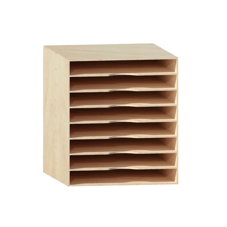 May include: A wooden organizer with eight shelves for storing papers or other items. The organizer is made of light wood and has a natural finish.