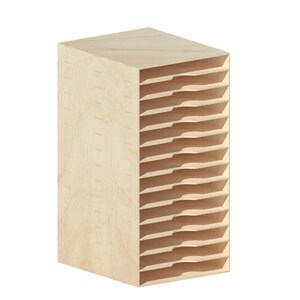 May include: A wooden organizer with 12 shelves for storing items like paper, craft supplies, or small tools.