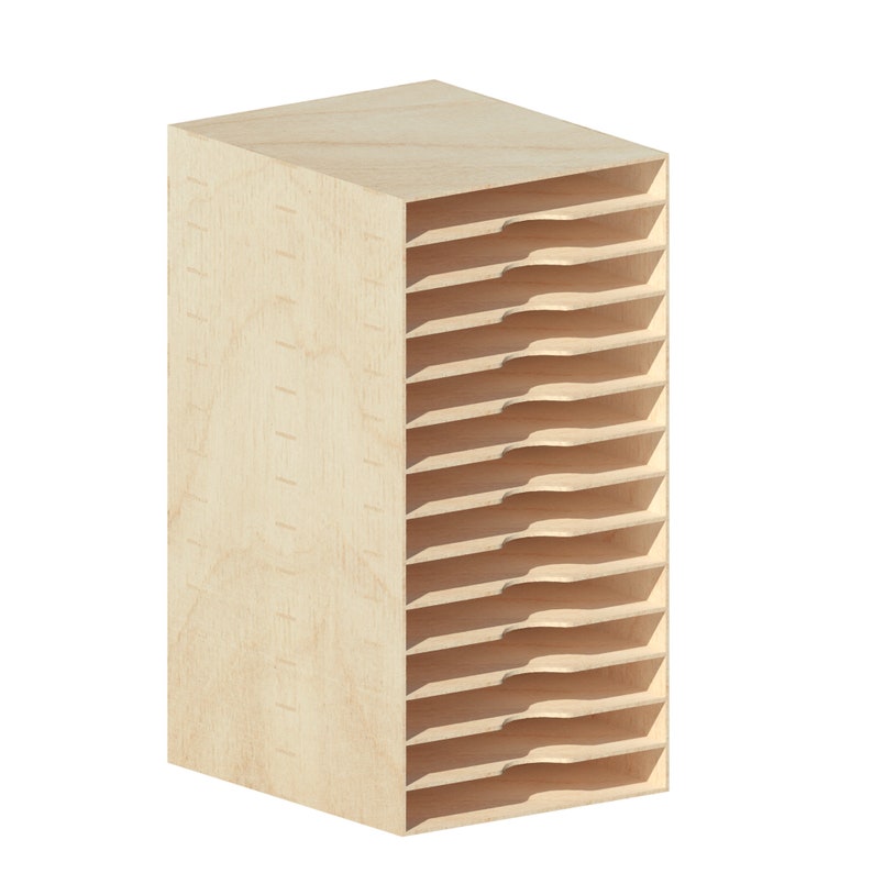 May include: A wooden organizer with 12 shelves for storing items like paper, craft supplies, or small tools.