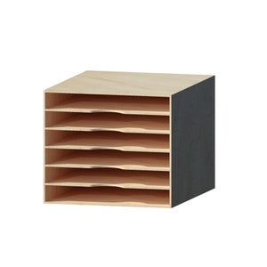 May include: A wooden file organizer with seven shelves. The organizer is made of light wood with a dark wood back.