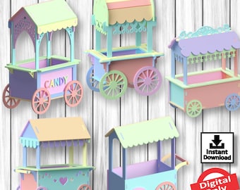 May include: Six pastel-colored wooden candy carts with wheels. The carts have different designs and are decorated with hearts, stars, and other details. The text "CANDY" is printed on one of the carts. The carts are 3mm thick.