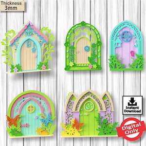 Puede incluir: Conjunto de cinco diseños de puertas de hadas, con una variedad de estilos y colores, que incluyen una casa, puertas arqueadas y una puerta de doble arco. Cada diseño incluye detalles intrincados y acentos florales. Las puertas tienen un grosor de 3 mm.