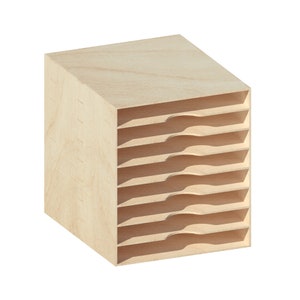 May include: A wooden organizer with eight shelves for storing items like paper, envelopes, or craft supplies.