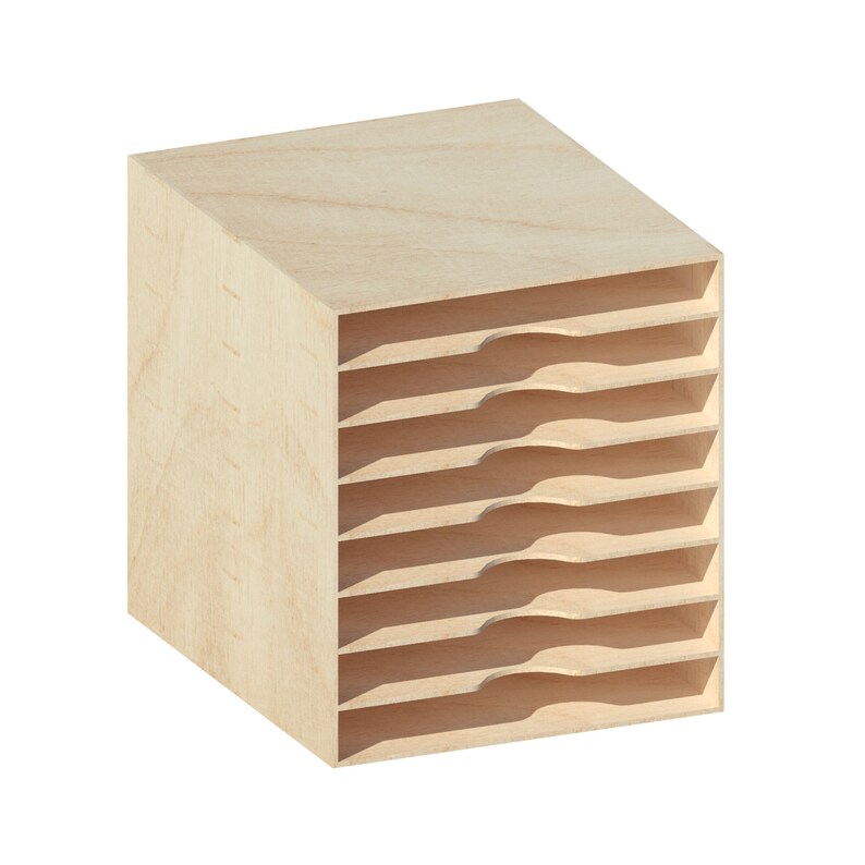 May include: A wooden organizer with eight shelves for storing items like paper, envelopes, or craft supplies.