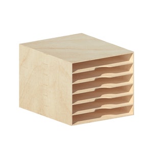 May include: A wooden organizer with six shelves for storing papers or other items. The organizer is made of light wood and has a natural finish.