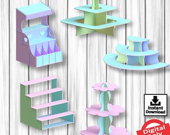 May include: Five different cake stands made of wood with a 3mm thickness. The stands are in various shapes and sizes, including a square, a circle, and a tiered stand. The stands are painted in pastel colors, including pink, blue, and green. The stands are perfect for displaying cakes, cupcakes, and other desserts.