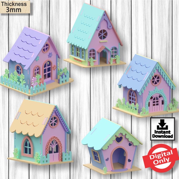 5 Fairy House Pack 1, laser cut Design, file Vector for Laser,svg,laser cut design,vector, plan, Instant download, Digital Only