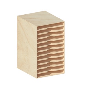 May include: A wooden organizer with 12 shelves for storing items. The organizer is made of light brown wood and has a simple, rectangular design.