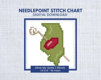 Olive My State ILLINOIS Bag Charm Stitch Chart | Illinois Needlepoint Pattern PDF | Instant Download