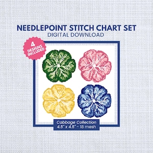 Puede incluir: Un conjunto digital de gráficos de puntadas de aguja con cuatro diseños florales en verde, rosa, amarillo y azul. El texto "NEEDLEPOINT STITCH CHART SET DIGITAL DOWNLOAD" está en la parte superior. La "Cabbage Collection" mide 11,4 cm x 11,4 cm - 18 mesh.