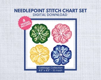 Cabbage Plate Needlepoint Pattern Set | Stitch Chart | 18 Mesh | Instant Download