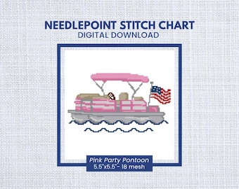 PINK PARTY PONTOON Needlepoint Stitch Chart | Lake Boat Needlepoint | Instant Download