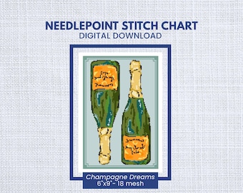 Champagne Dreams Needlepoint Pattern | Elegant Needlepoint PDF | Bottle Stitch Chart | 18 Mesh | Instant Download