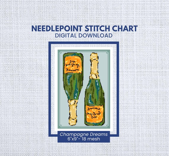Champagne Dreams Needlepoint Pattern | Elegant Needlepoint PDF | Bottle Stitch Chart | 18 Mesh | Instant Download