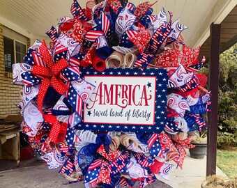 America wreath, 4th of July wreath, "america sweet land of liberty", Fourth of July